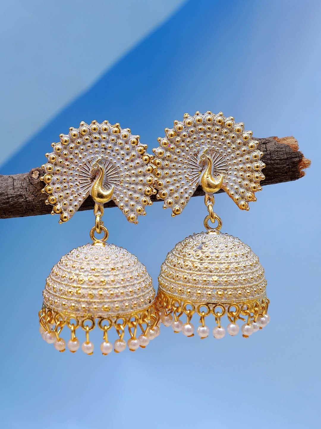

Crunchy Fashion Peacock Shaped Jhumkas Earrings, White