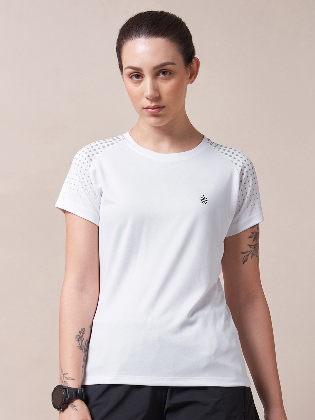 

CULT Women Geometric Placement Print Moisture Wicking Workout T-shirt, White