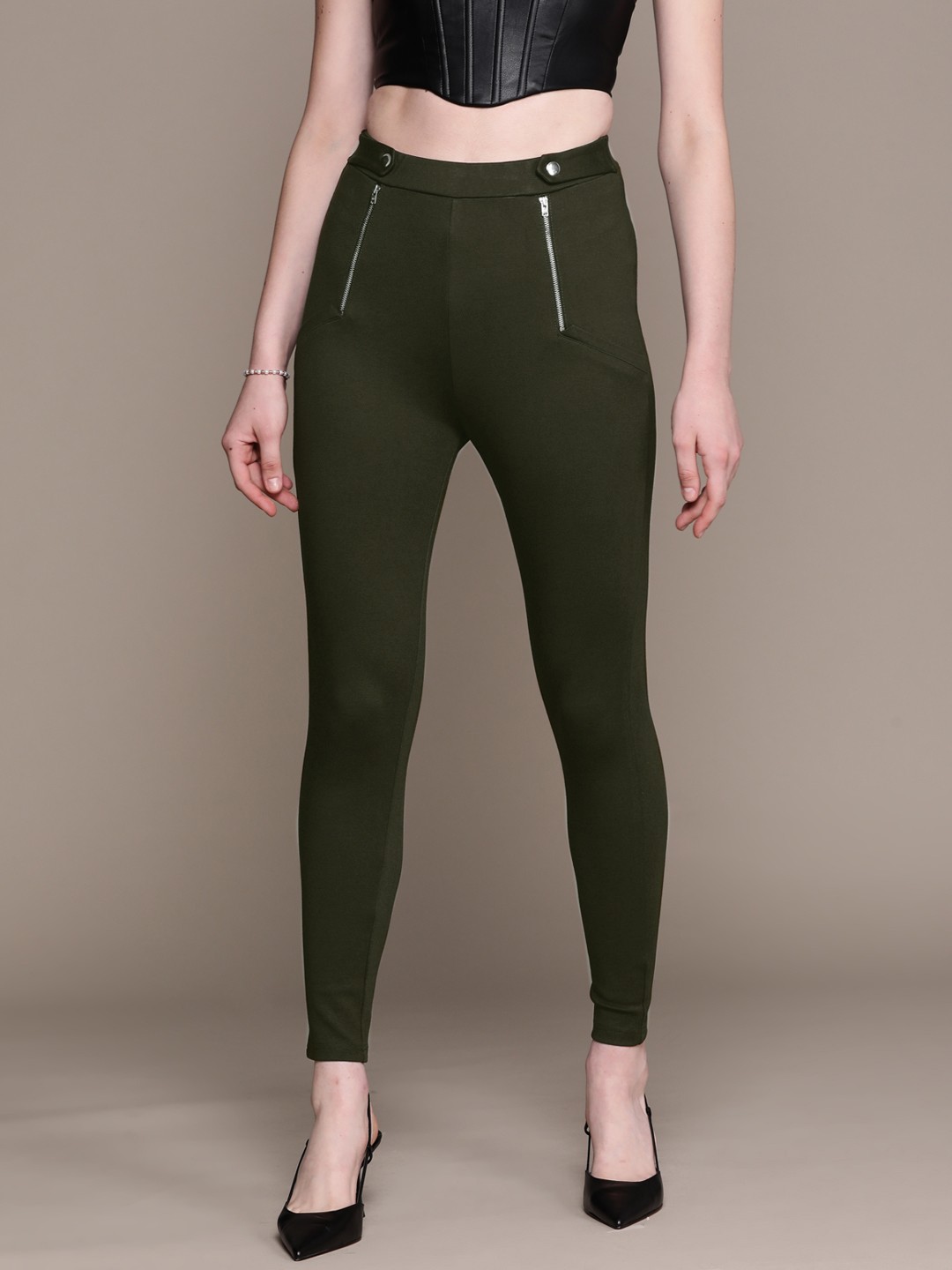 

bebe Women Capulet Green All Day Zip Detailed Fitted Trouser, Olive