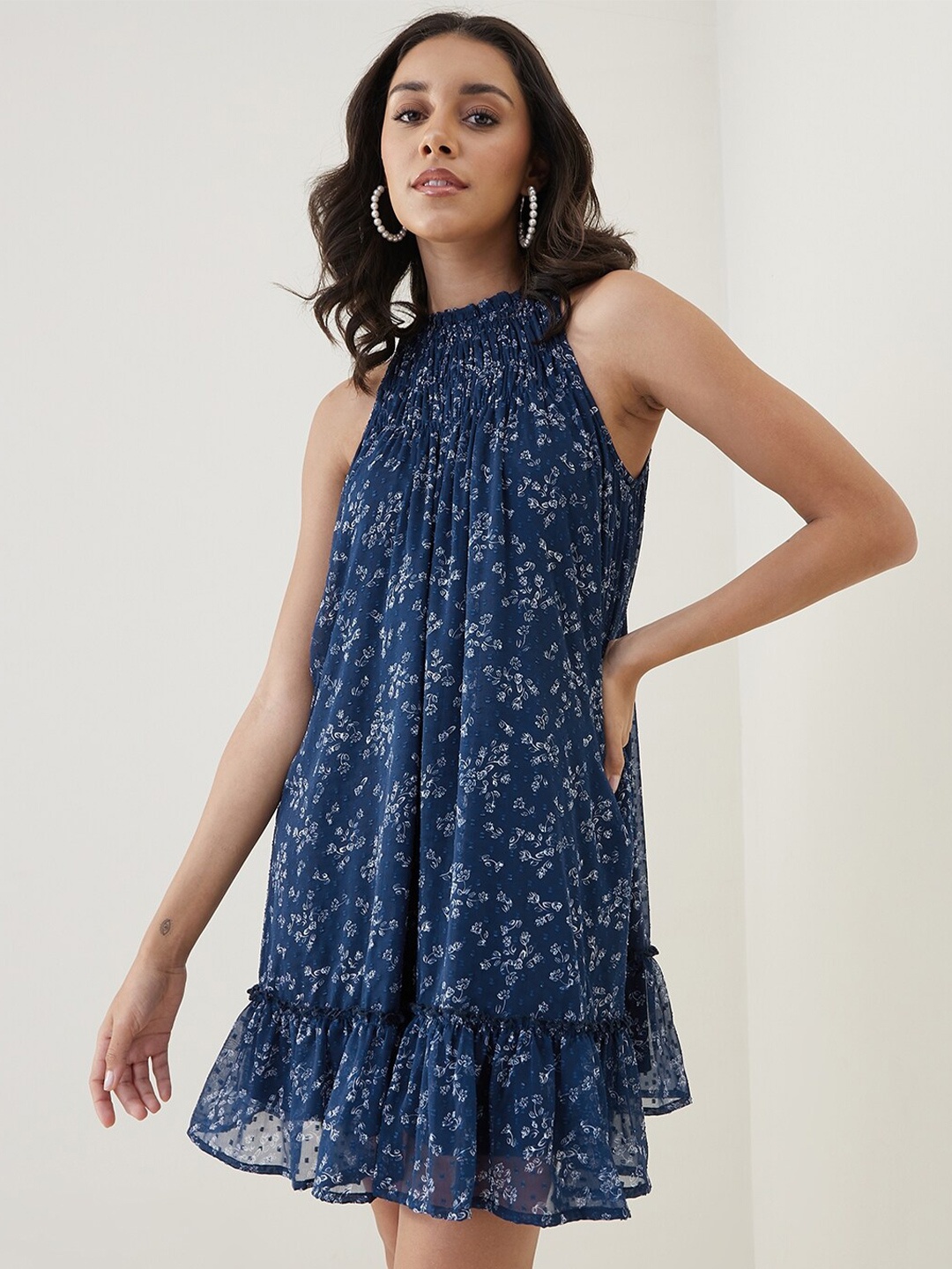 

Femella Floral Halter Neck A-Line Dress, Navy blue
