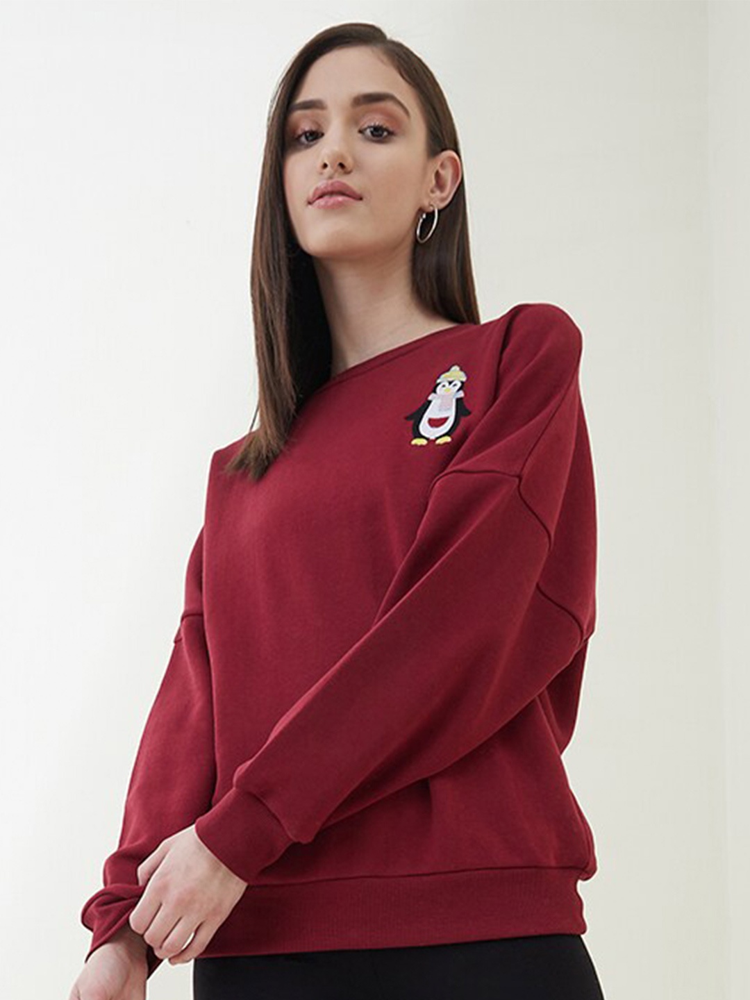 

Femella Women Embroidered Fleece Round Neck Sweatshirt, Maroon