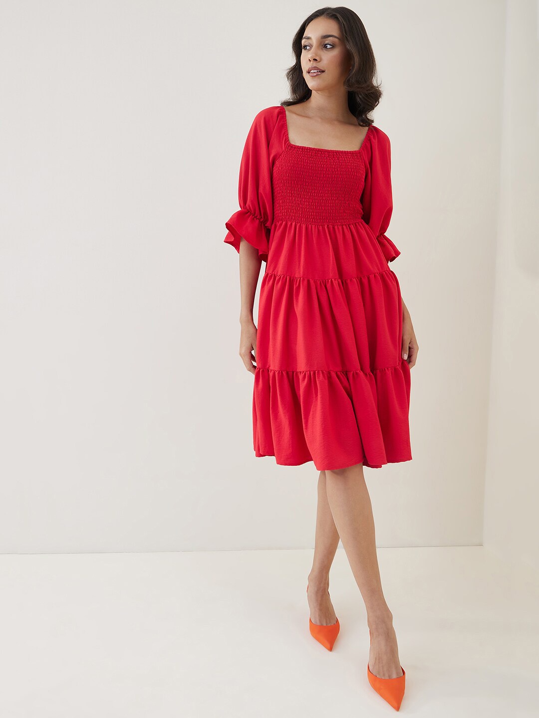 

Femella A-Line Smocked Tiered Midi Dress, Red