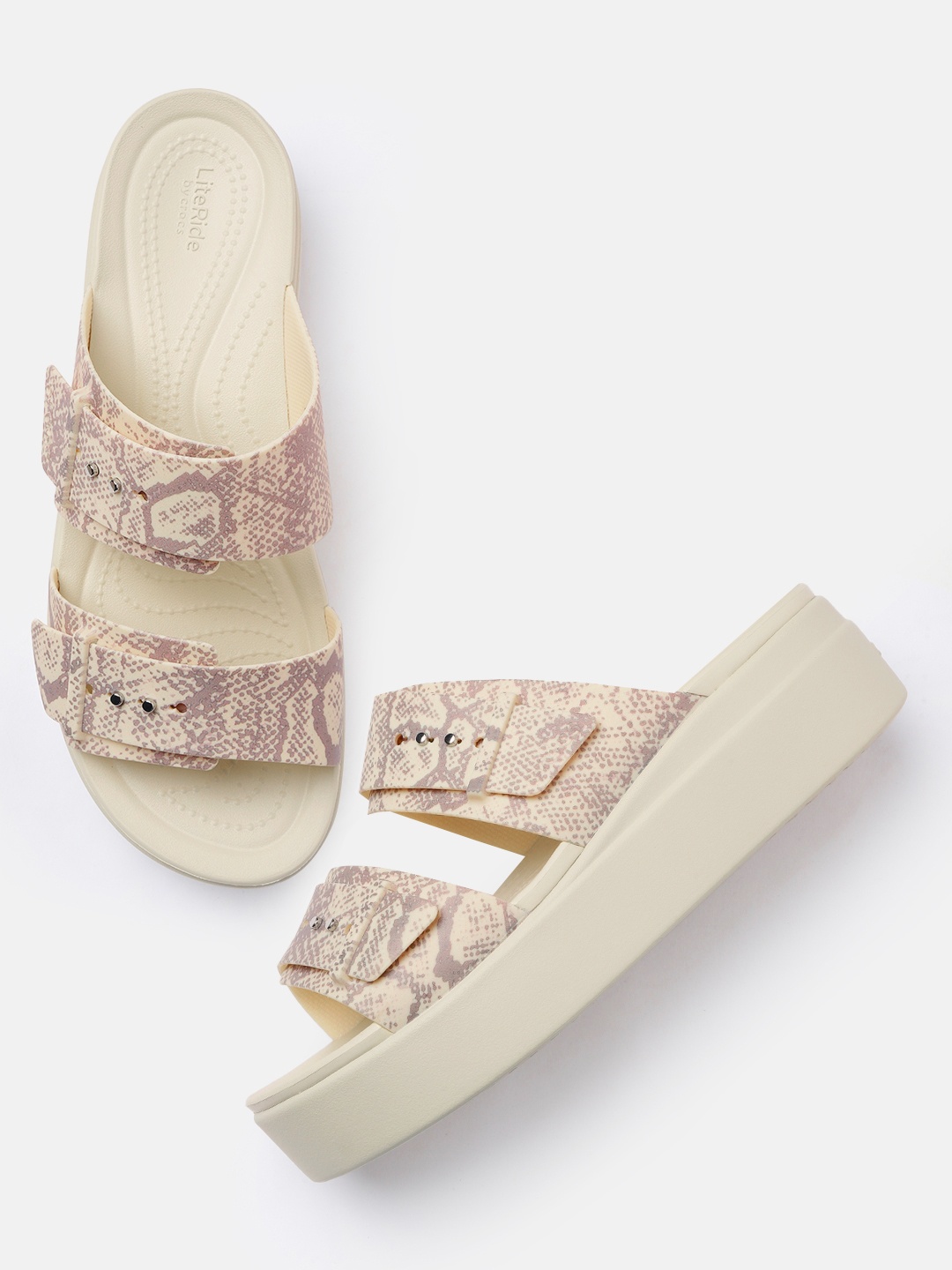 

Crocs Women Snake Print Flatform Sandals, Cream