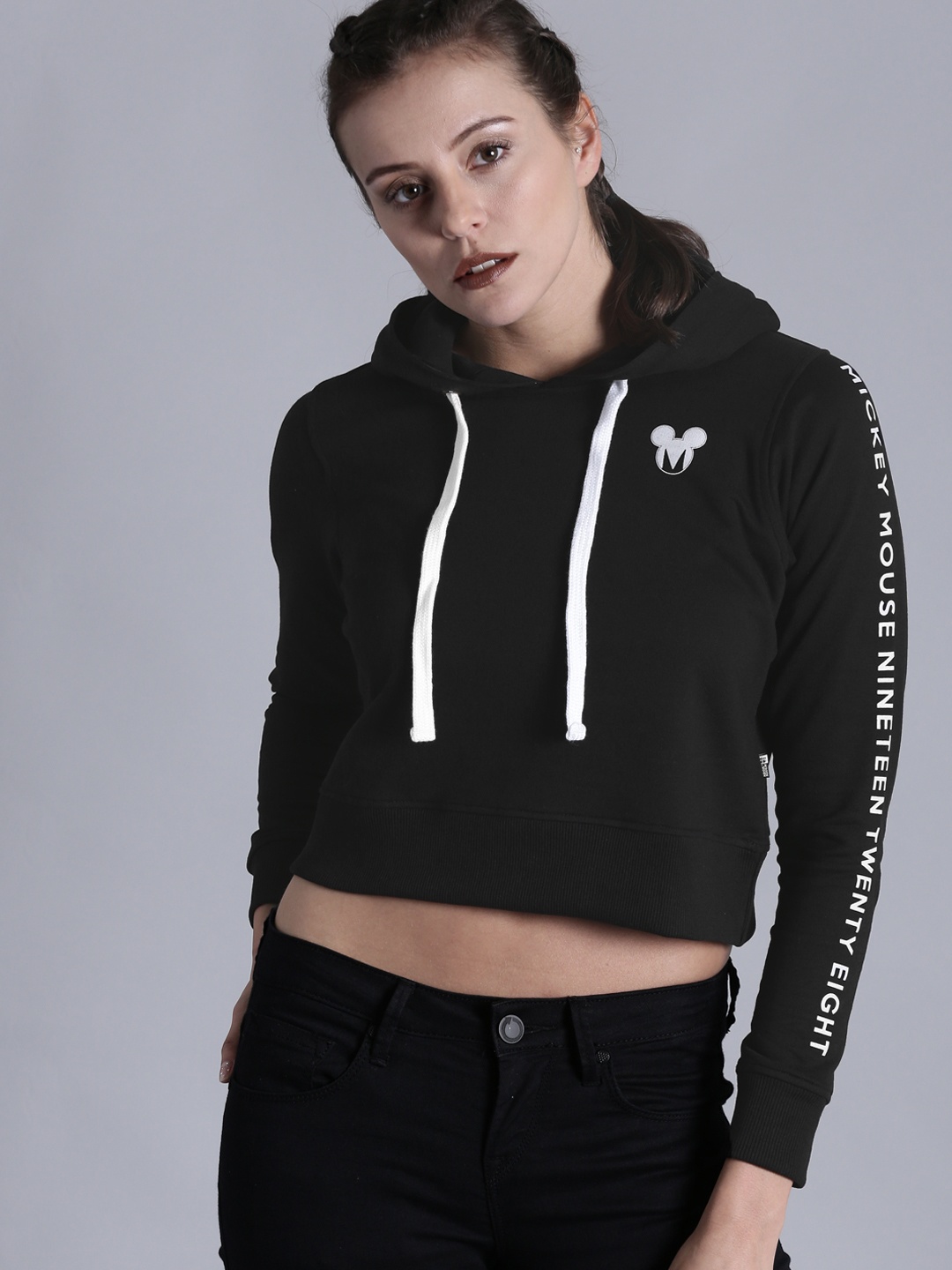 

Kook N Keech Disney Women Black Printed Hooded Crop Sweatshirt