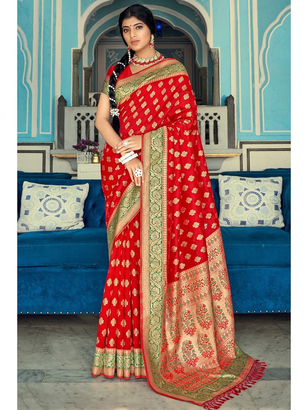 

KARAGIRI Woven Design Ethnic Motifs Zari Mysore Silk Saree, Red