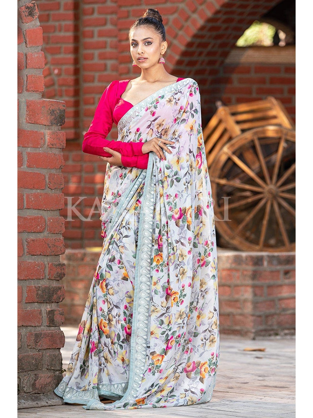

KARAGIRI Floral Embroidered Art Silk Block Print Saree, Grey
