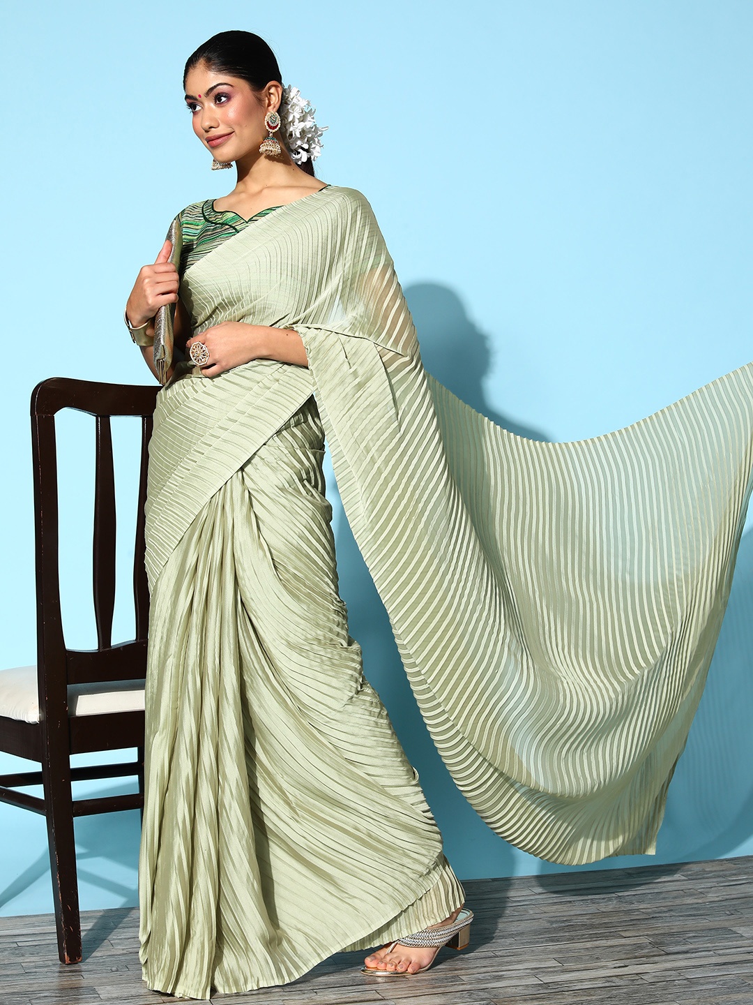 

Shaily Green Striped Art Silk Saree