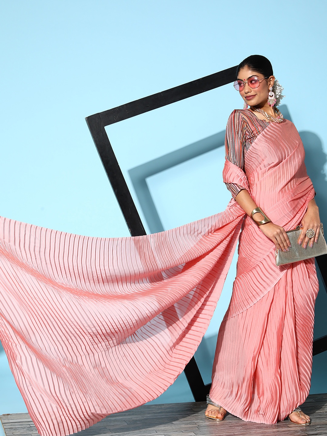 

Shaily Peach-Coloured Striped Art Silk Saree