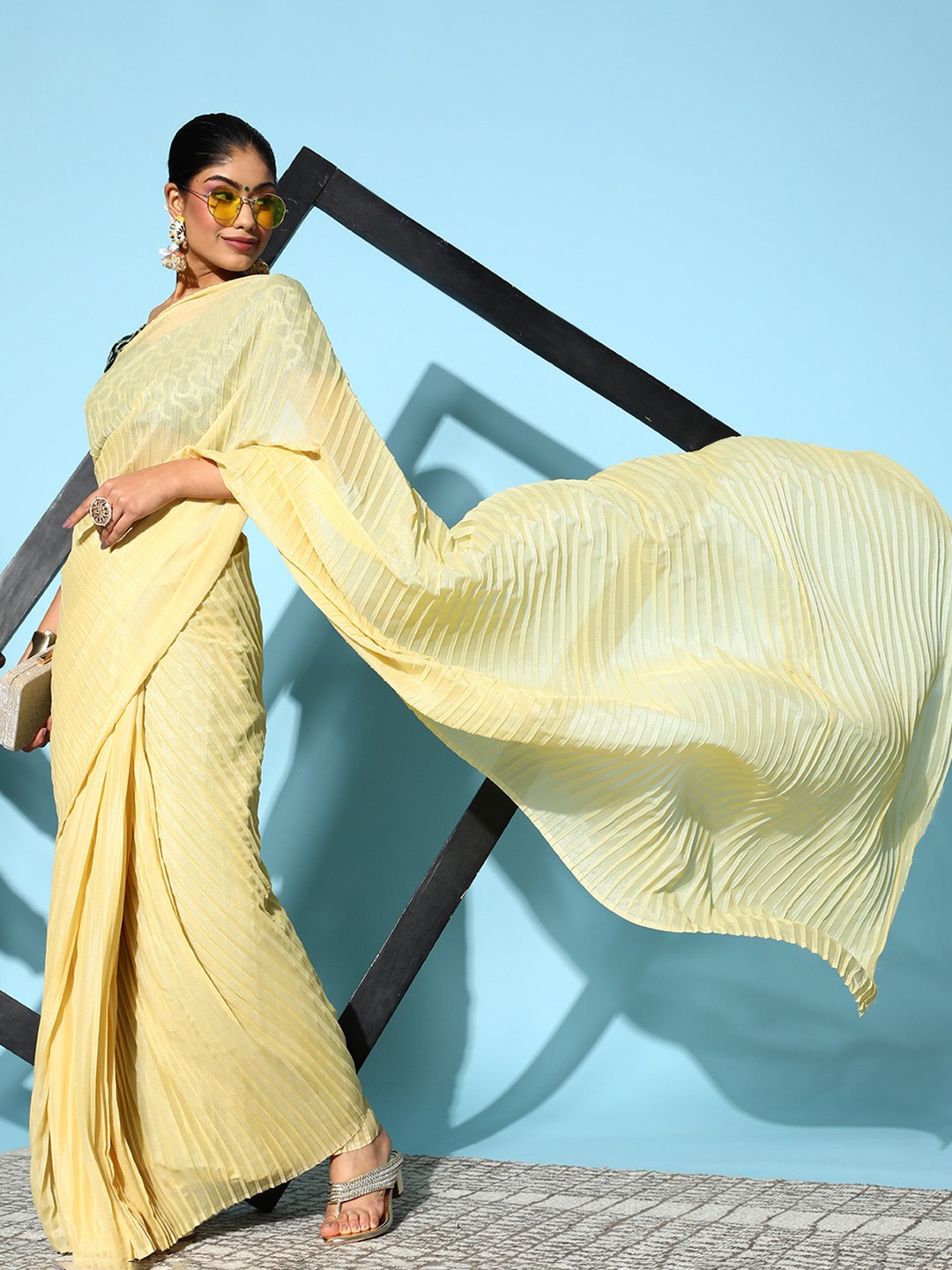

Shaily Yellow Striped Art Silk Saree