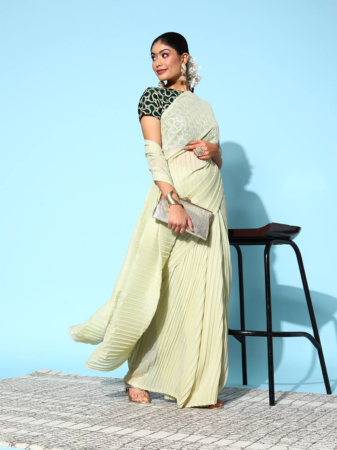 

Shaily Green Striped Art Silk Saree