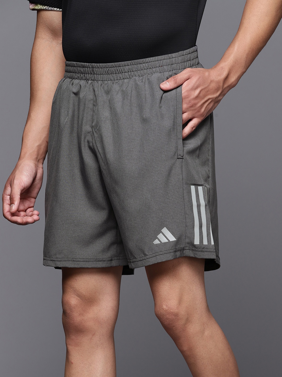 

ADIDAS Men OTR Heather Aeroready Checked Running Shorts with Reflective Stripes, Charcoal