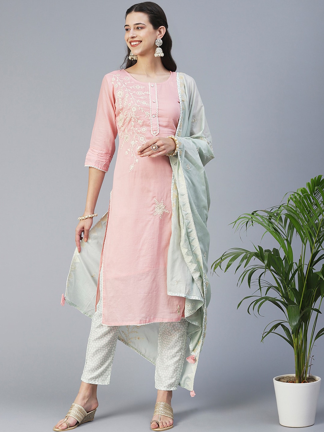 

FASHOR Floral Embroidered Pure Cotton Kurta with Trousers & Dupatta, Pink