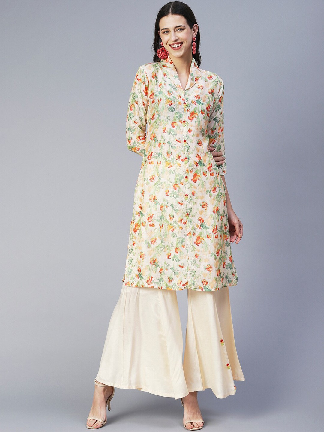 

FASHOR Floral Printed Shirt Collar Kurta with Palazzos, Beige