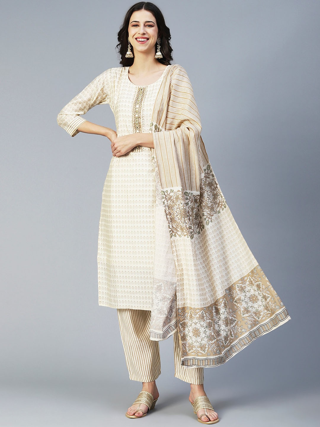 

FASHOR Ethnic Motifs Printed Mirror Work Kurta with Trousers & Dupatta, Cream