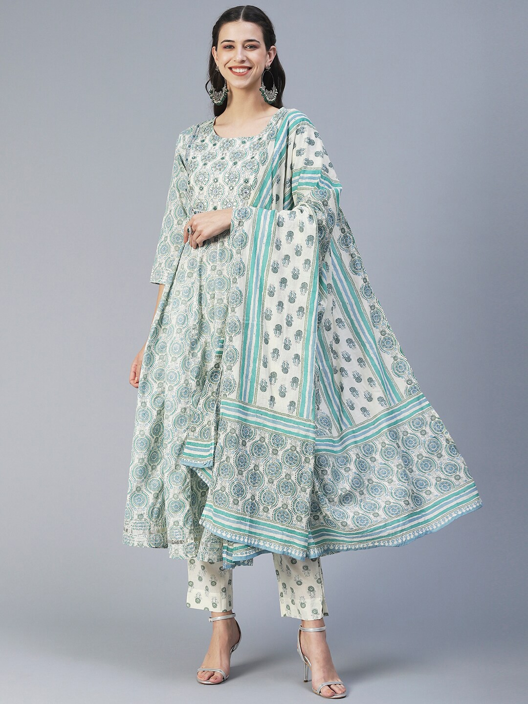 

FASHOR Printed Gotta Patti Pure Cotton Kurta with Trousers & Dupatta, Cream