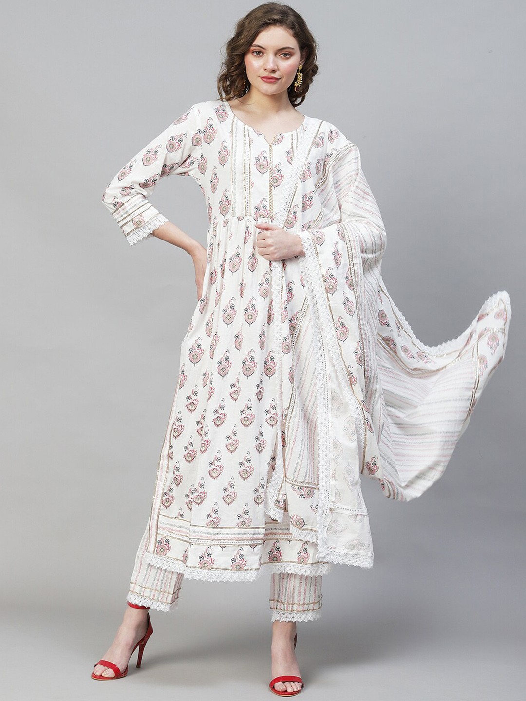 

FASHOR Women Pure Cotton Floral Printed Kurta with Trousers & Dupatta, White