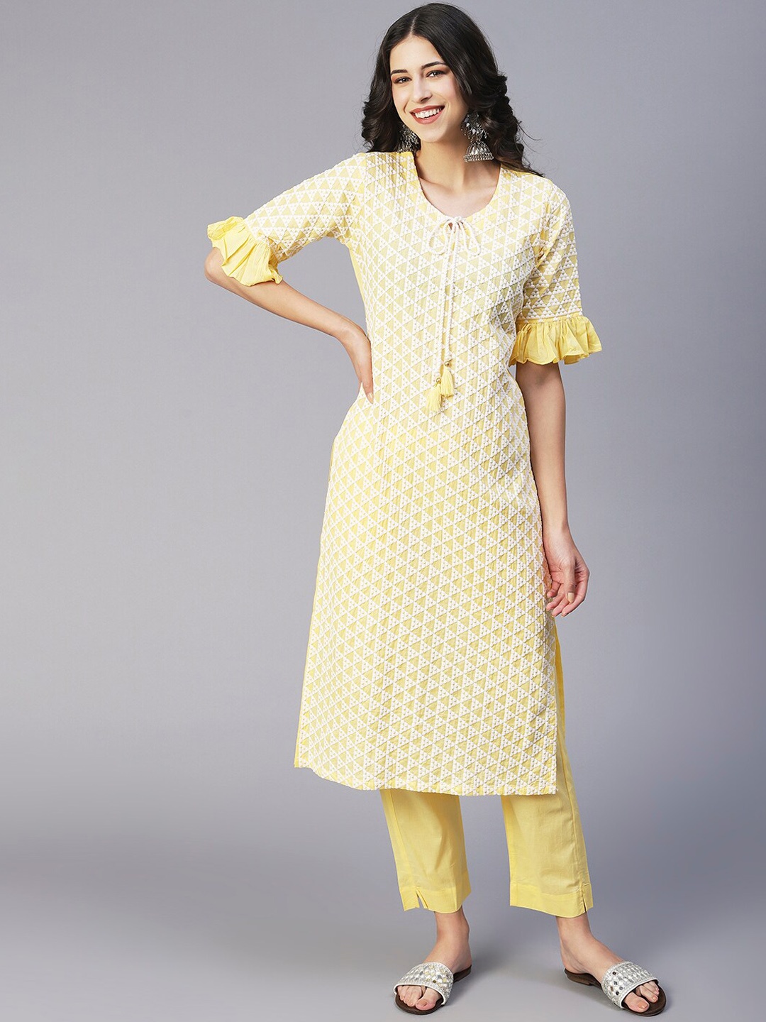 

FASHOR Women Ethnic Motifs Embroidered Thread Work Pure Cotton Kurta Trousers, Yellow
