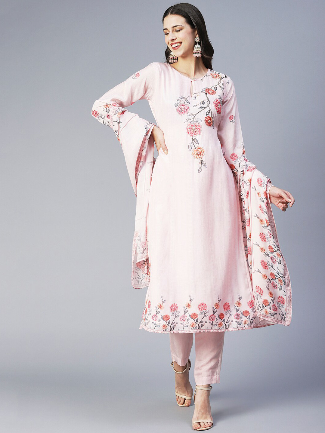 

FASHOR Floral Printed Kurta with Trousers & Dupatta, Rose