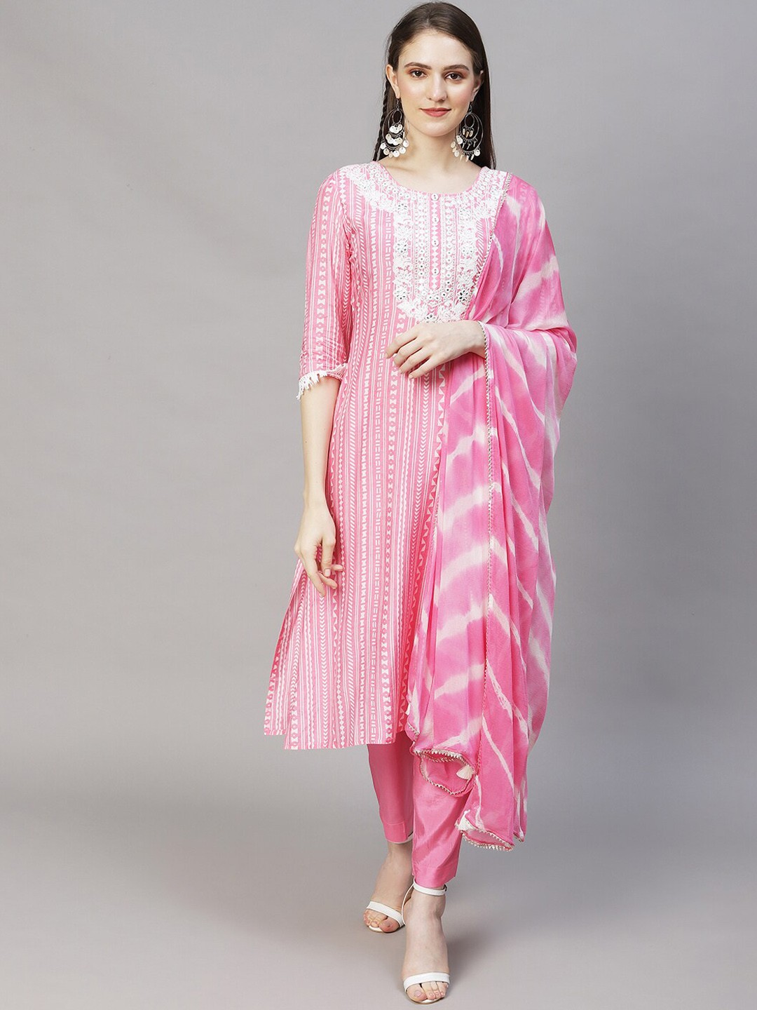 

FASHOR Women Ethnic Motifs Printed Thread Work Kurta With Trousers & Dupatta, Pink