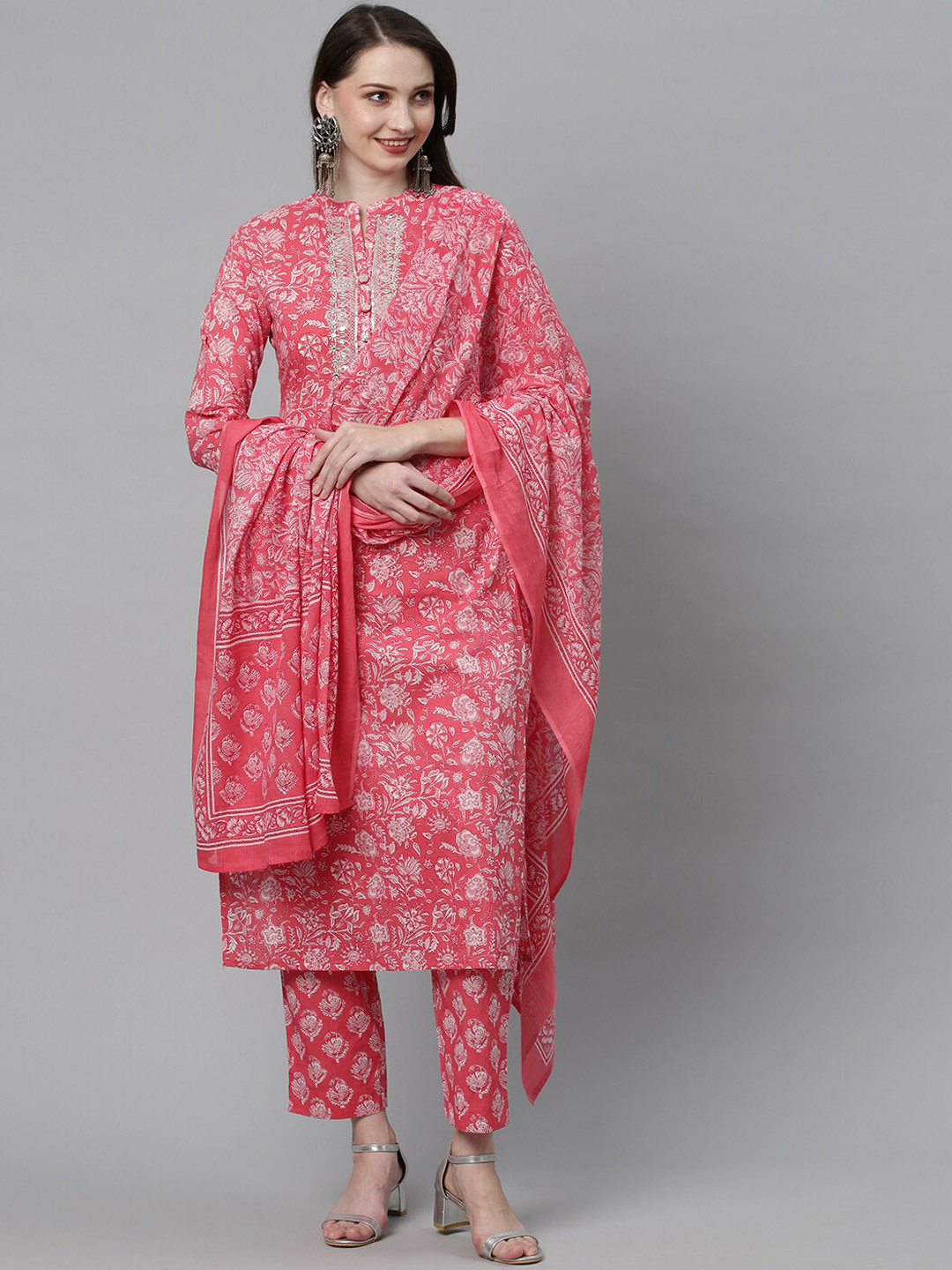 

FASHOR Women Floral Printed Mirror Work Pure Cotton Kurta With Trousers & Dupatta, Pink