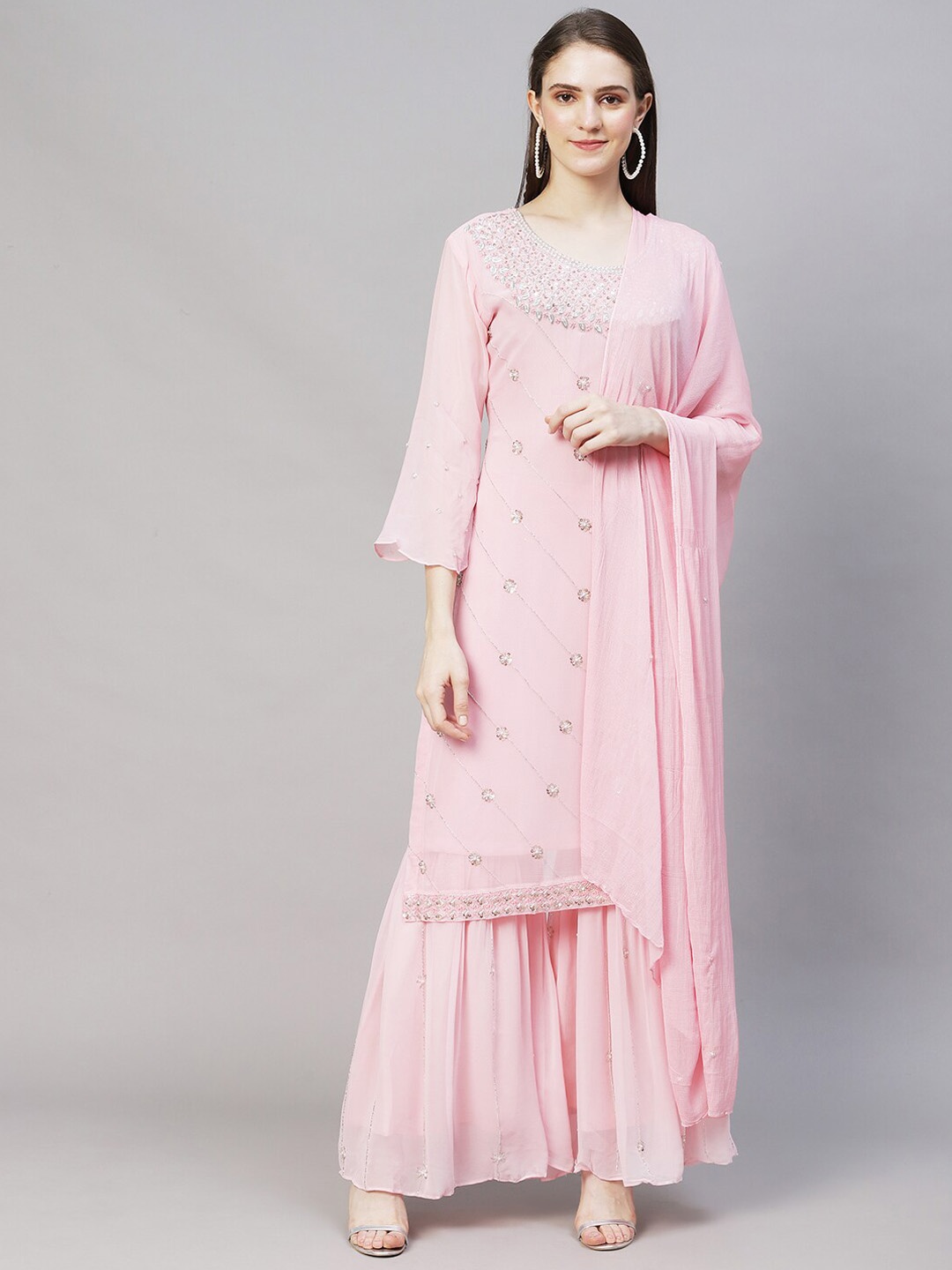 

FASHOR Women Embroidered Beads and Stones Kurta With Sharara & Dupatta, Pink