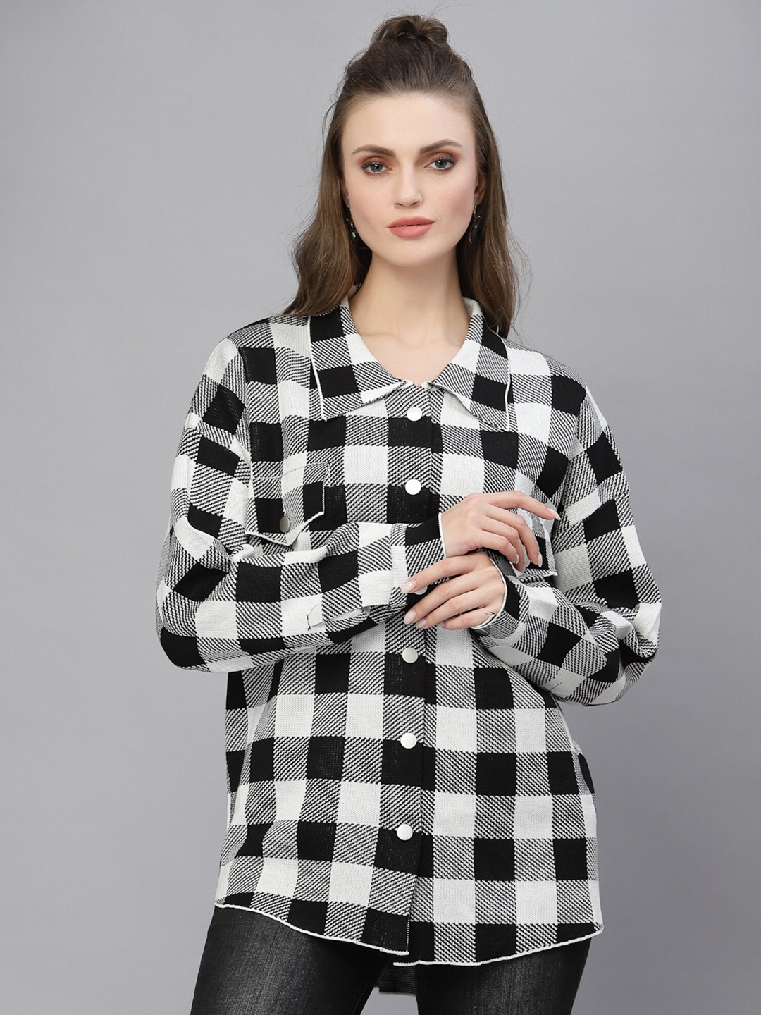 

Mafadeny Women Tartan Checks Checked Casual Shirt, Black