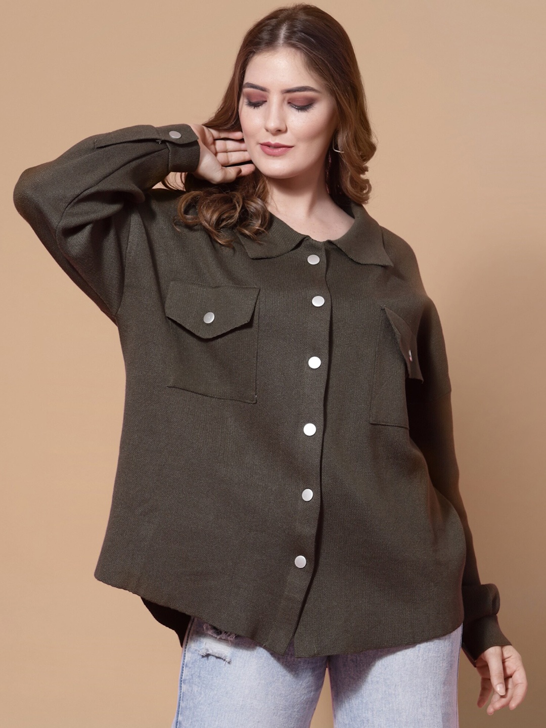 

Mafadeny Women Knitted Boxy Casual Sweater Shirt, Olive