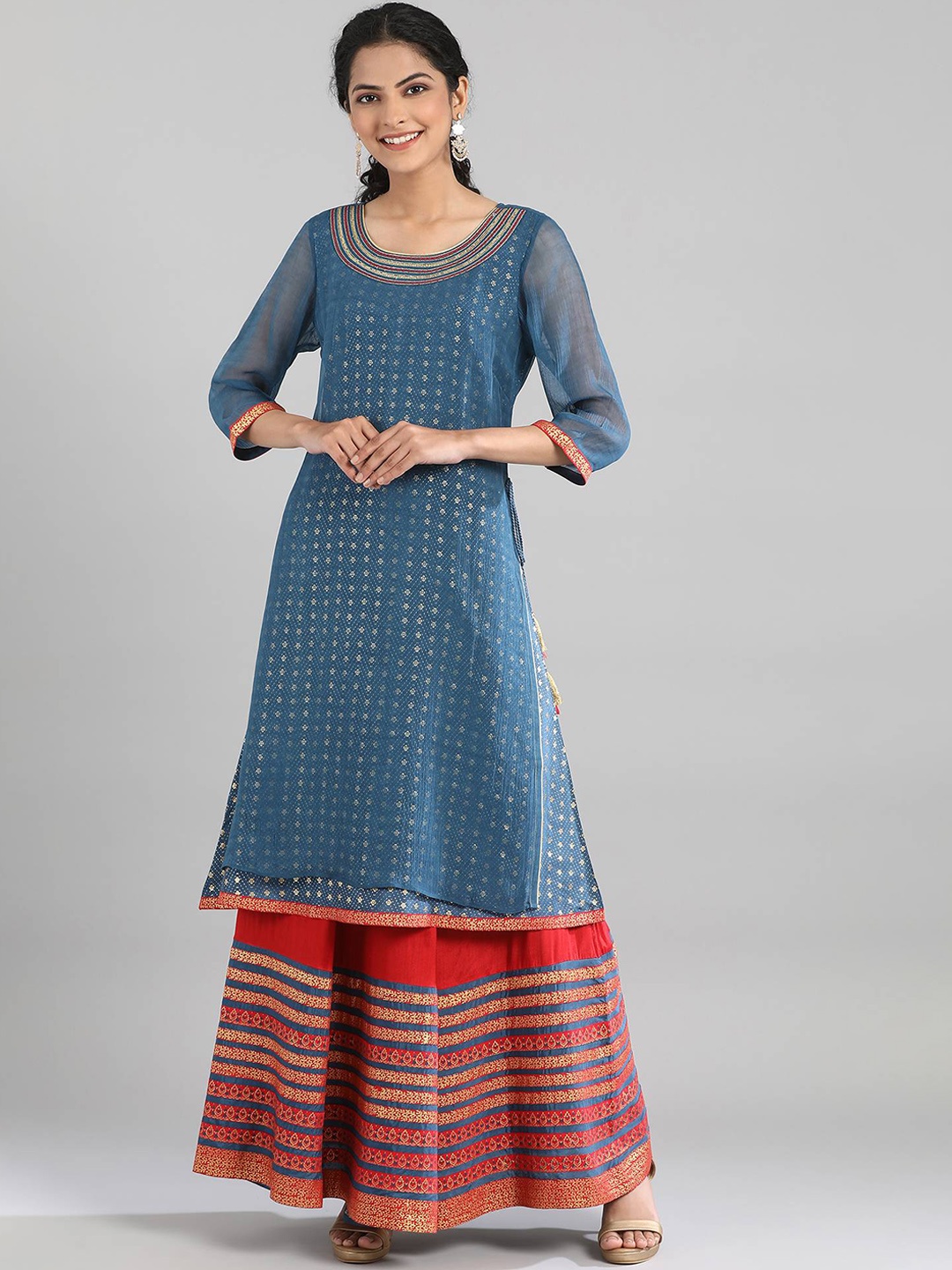 

AURELIA Floral Printed A-Line Kurta, Teal