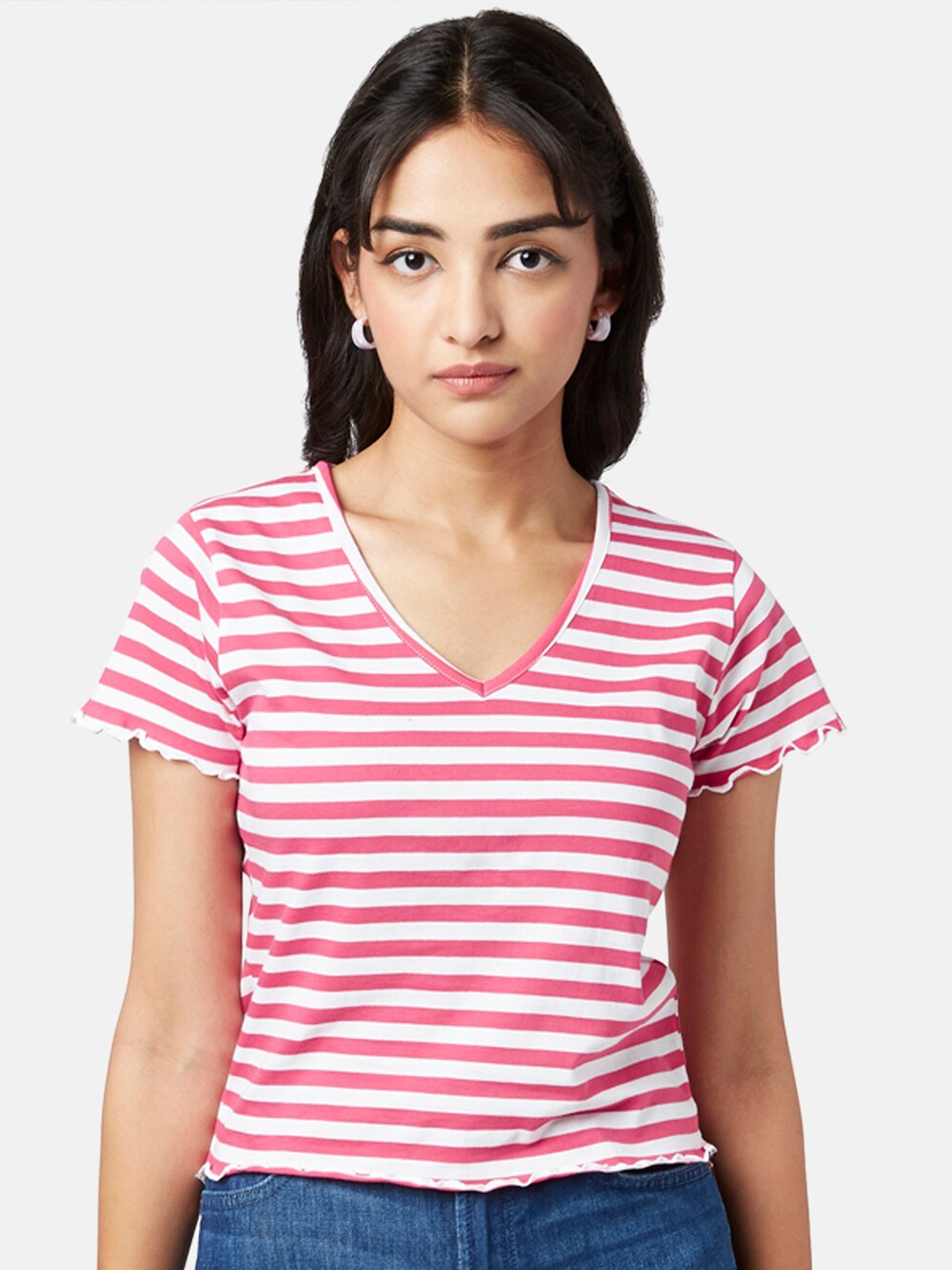 

YU by Pantaloons Striped V-Neck Top, Pink