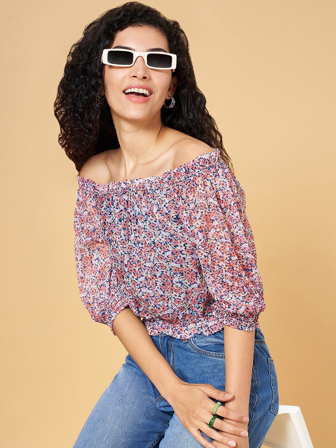 

YU by Pantaloons Floral Printed Off-Shoulder Bardot Top, Blue