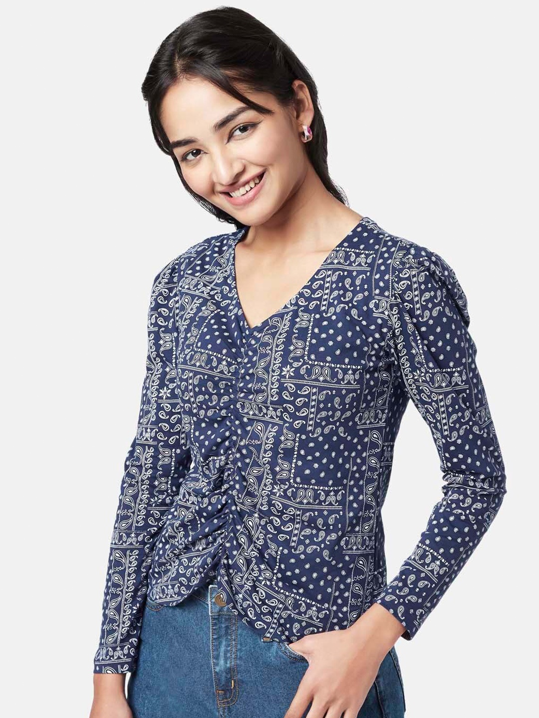 

YU by Pantaloons Printed V-Neck Top, Navy blue