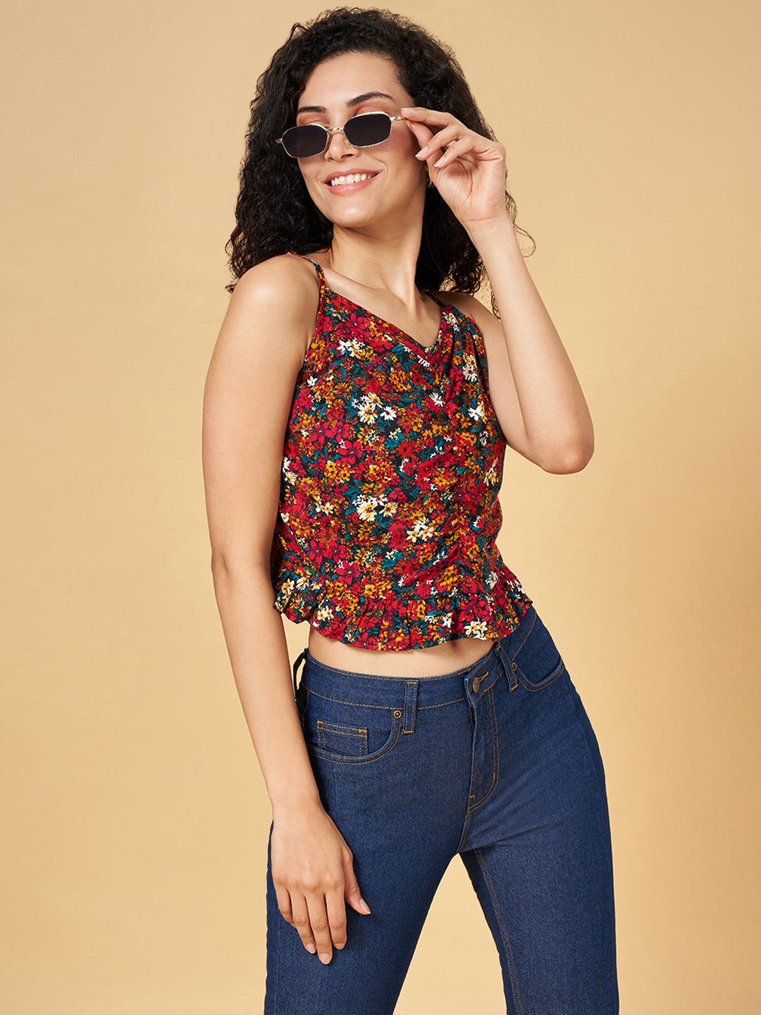 

YU by Pantaloons Gathered Floral Printed Top, Red
