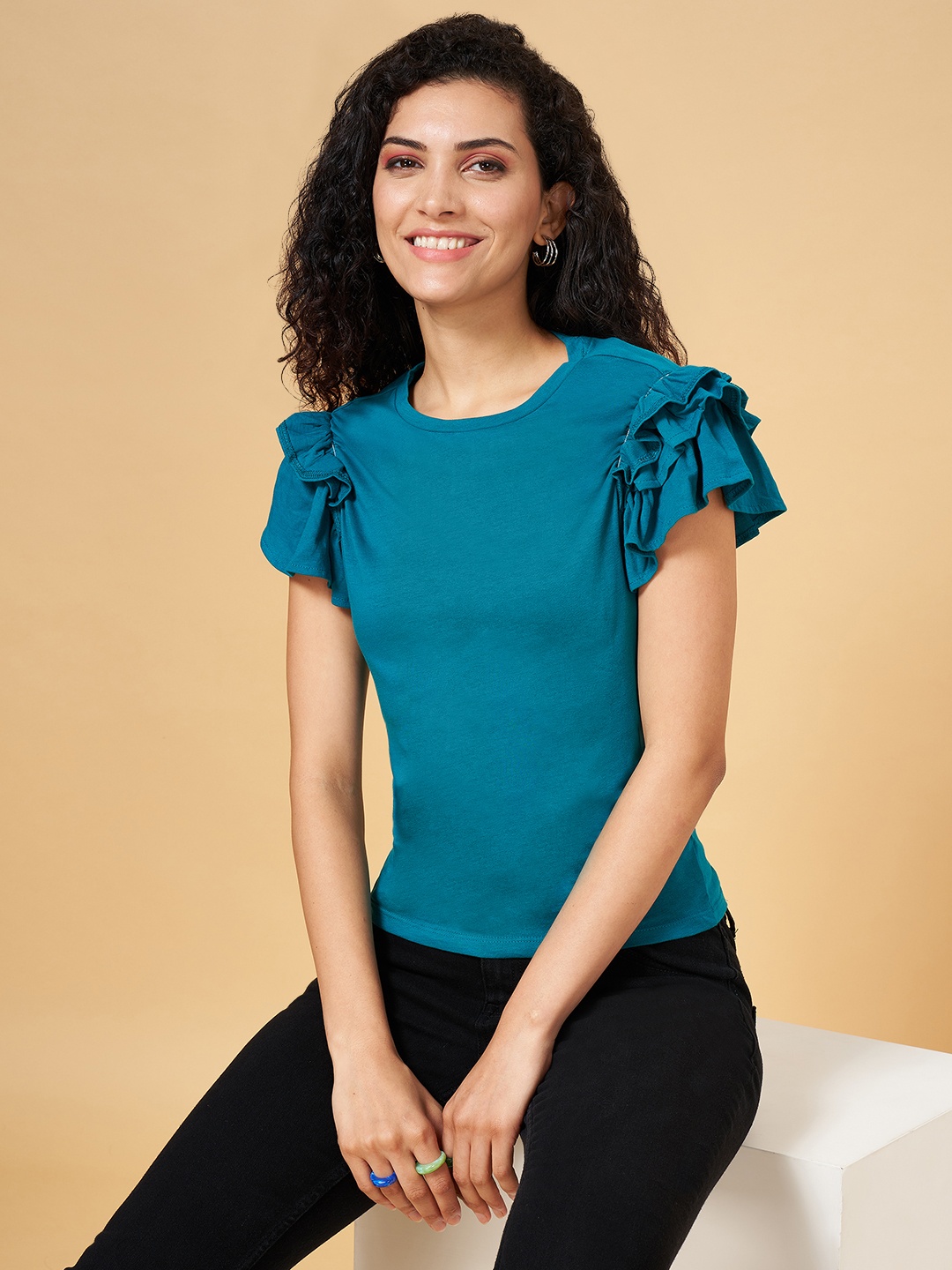 

YU by Pantaloons Woman Solid Flutter Sleeve Top, Teal