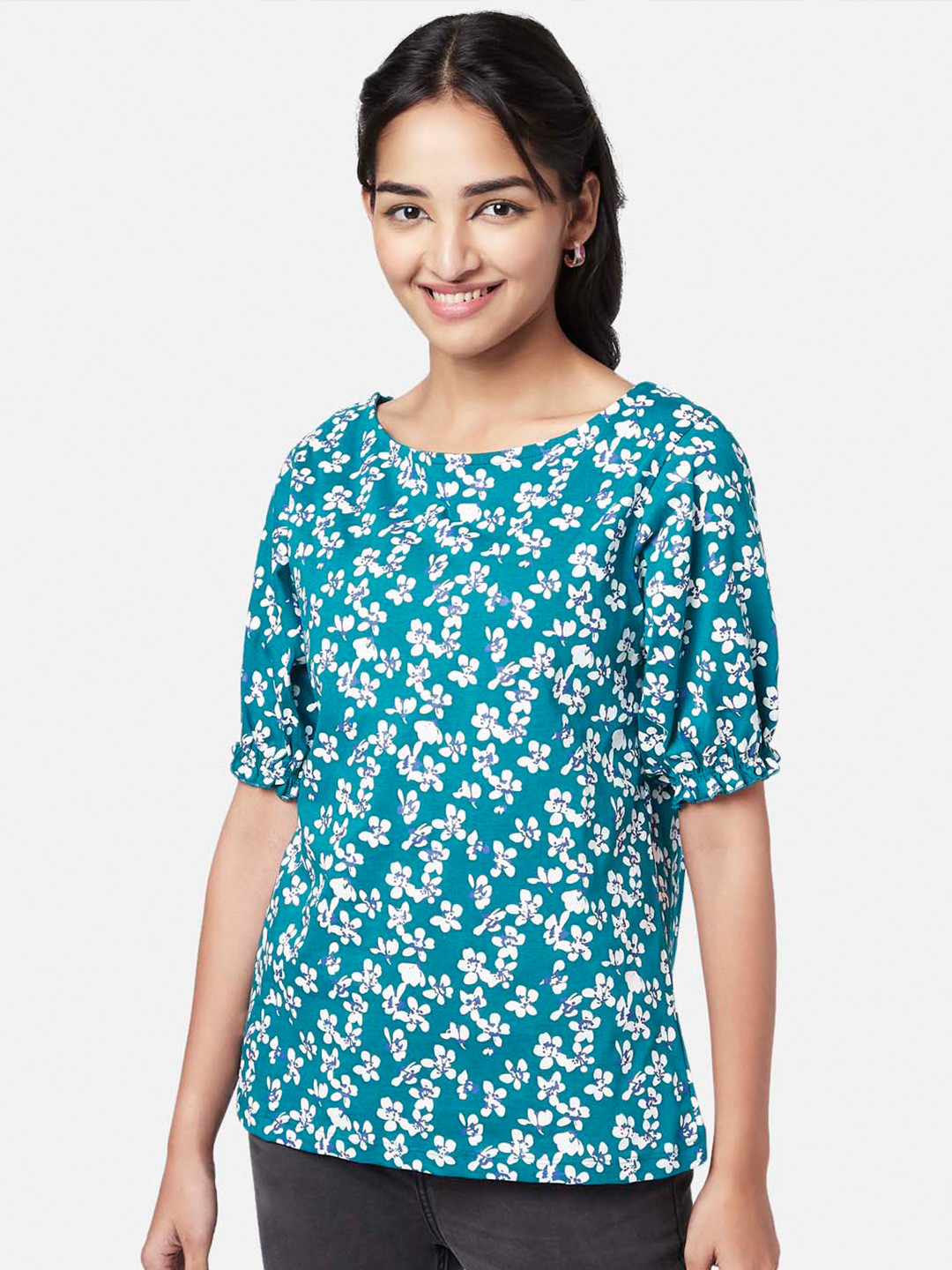 

YU by Pantaloons Floral Printed Puff Sleeve Top, Teal