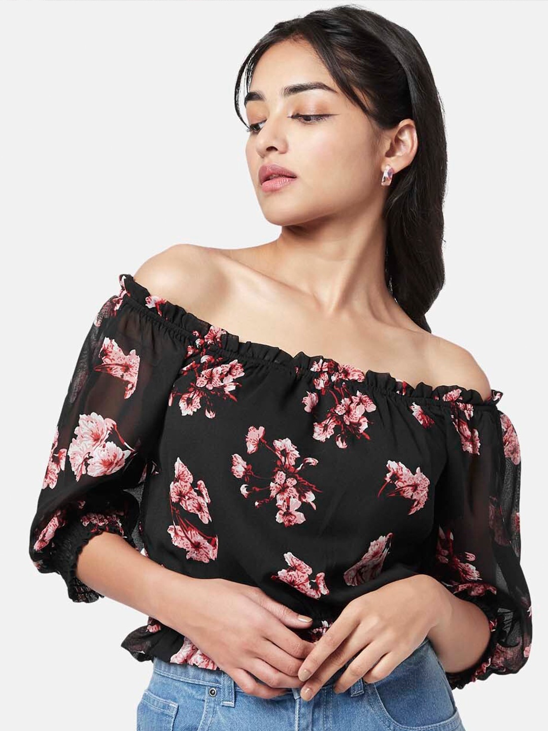 

YU by Pantaloons Floral Printed Off-Shoulder Bardot Crop Top, Black