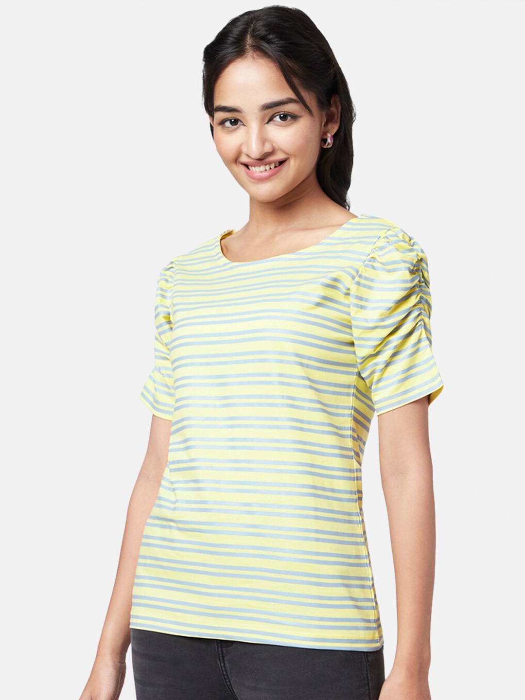 

YU by Pantaloons Puff Sleeves Striped Top, Yellow