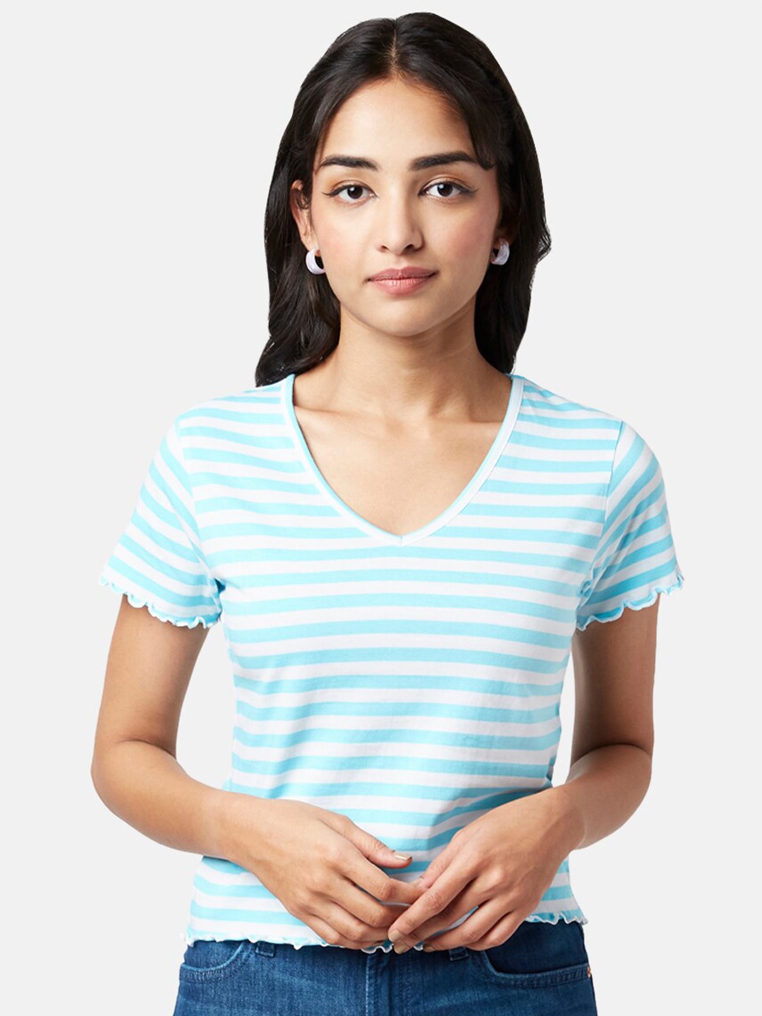 

YU by Pantaloons Striped V-Neck Top, Blue