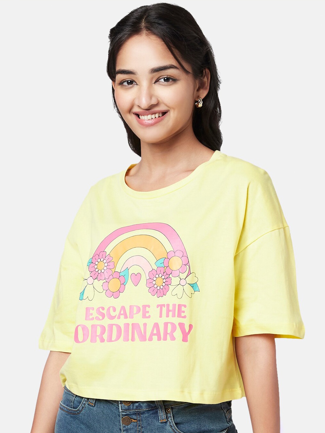 

YU by Pantaloons Graphic Printed Crop Top, Yellow