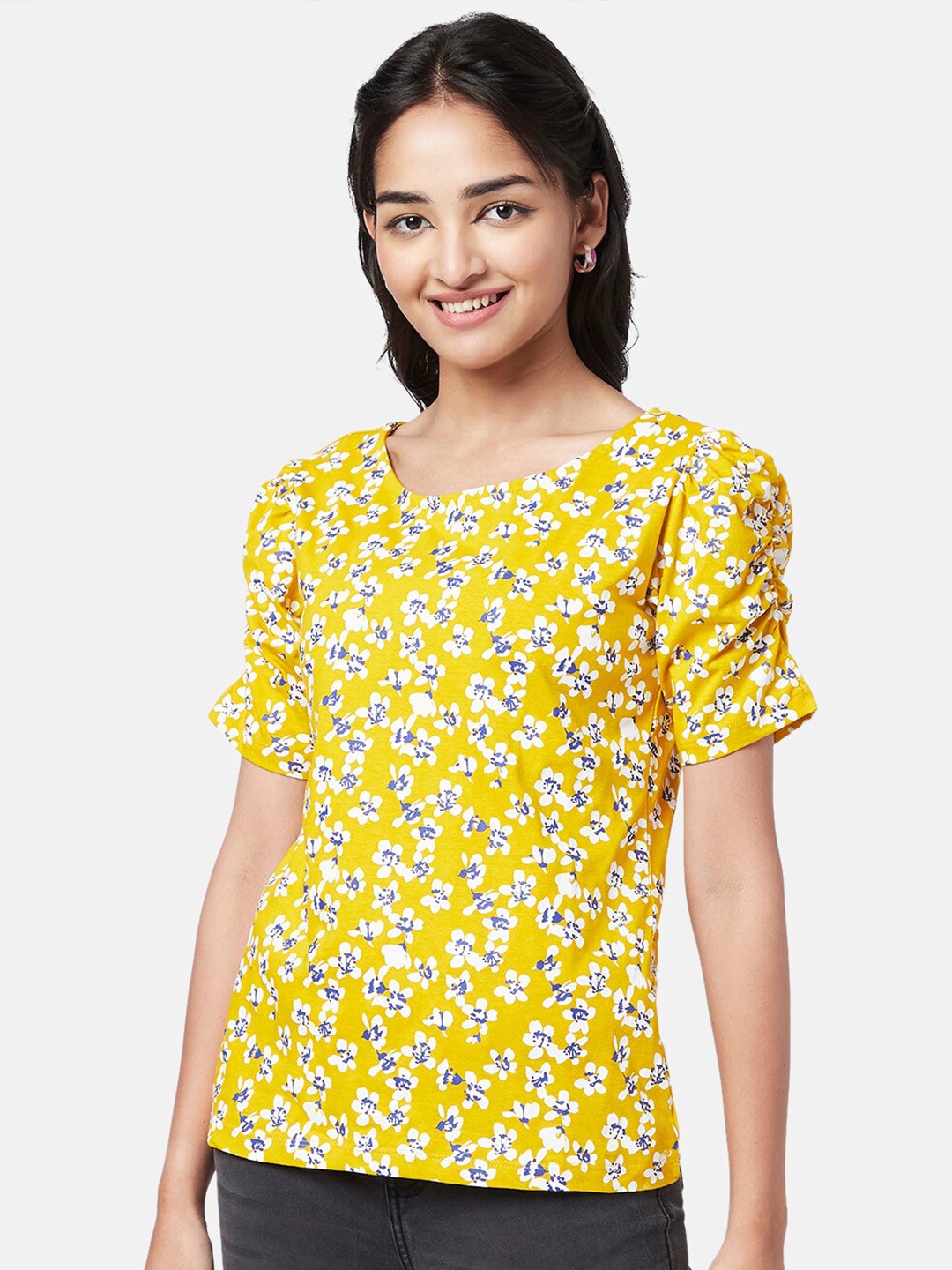 

YU by Pantaloons Floral Printed Puff Sleeves Top, Yellow