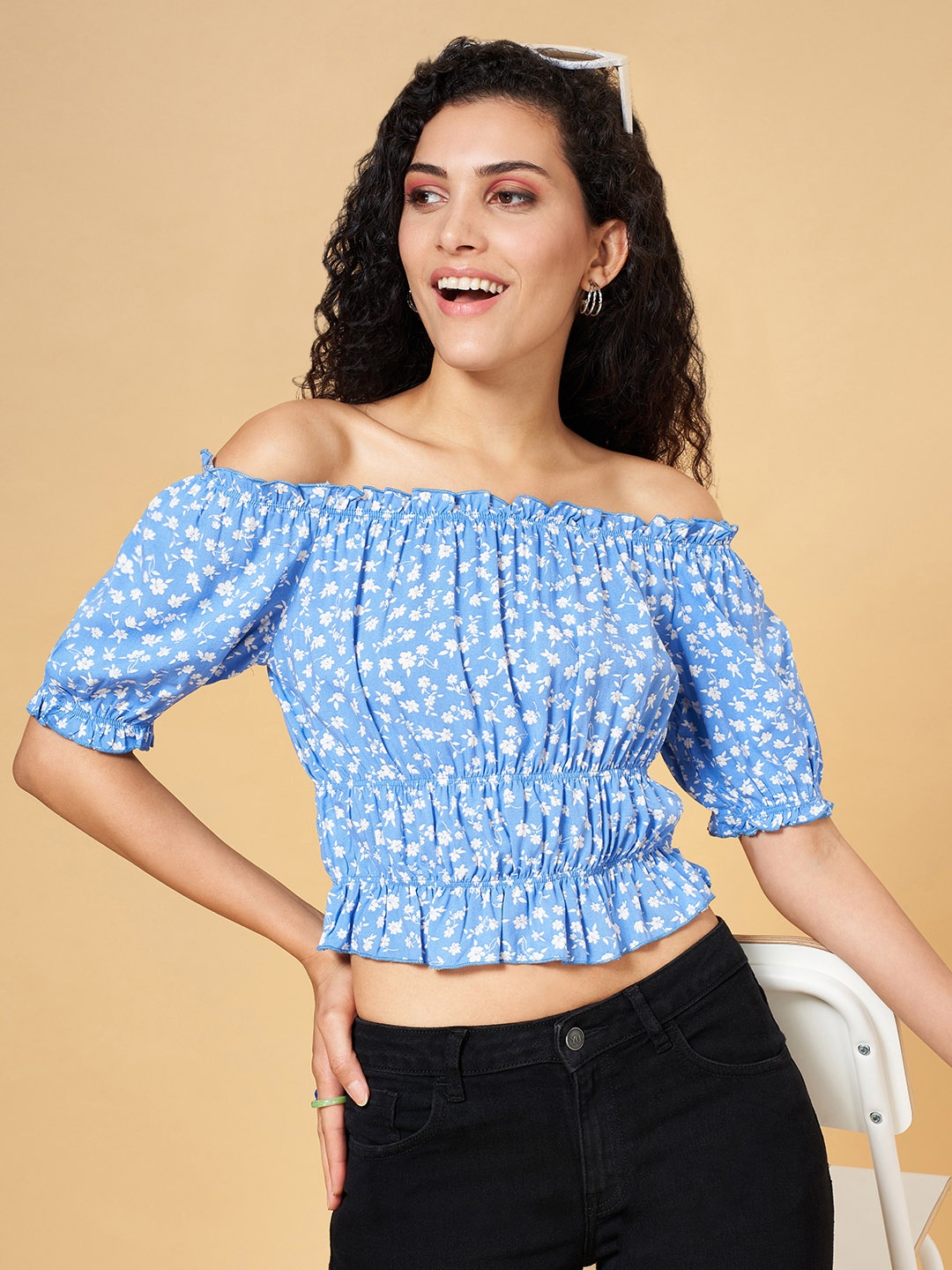 

YU by Pantaloons Floral Print Off-Shoulder Bardot Crop Top, Blue