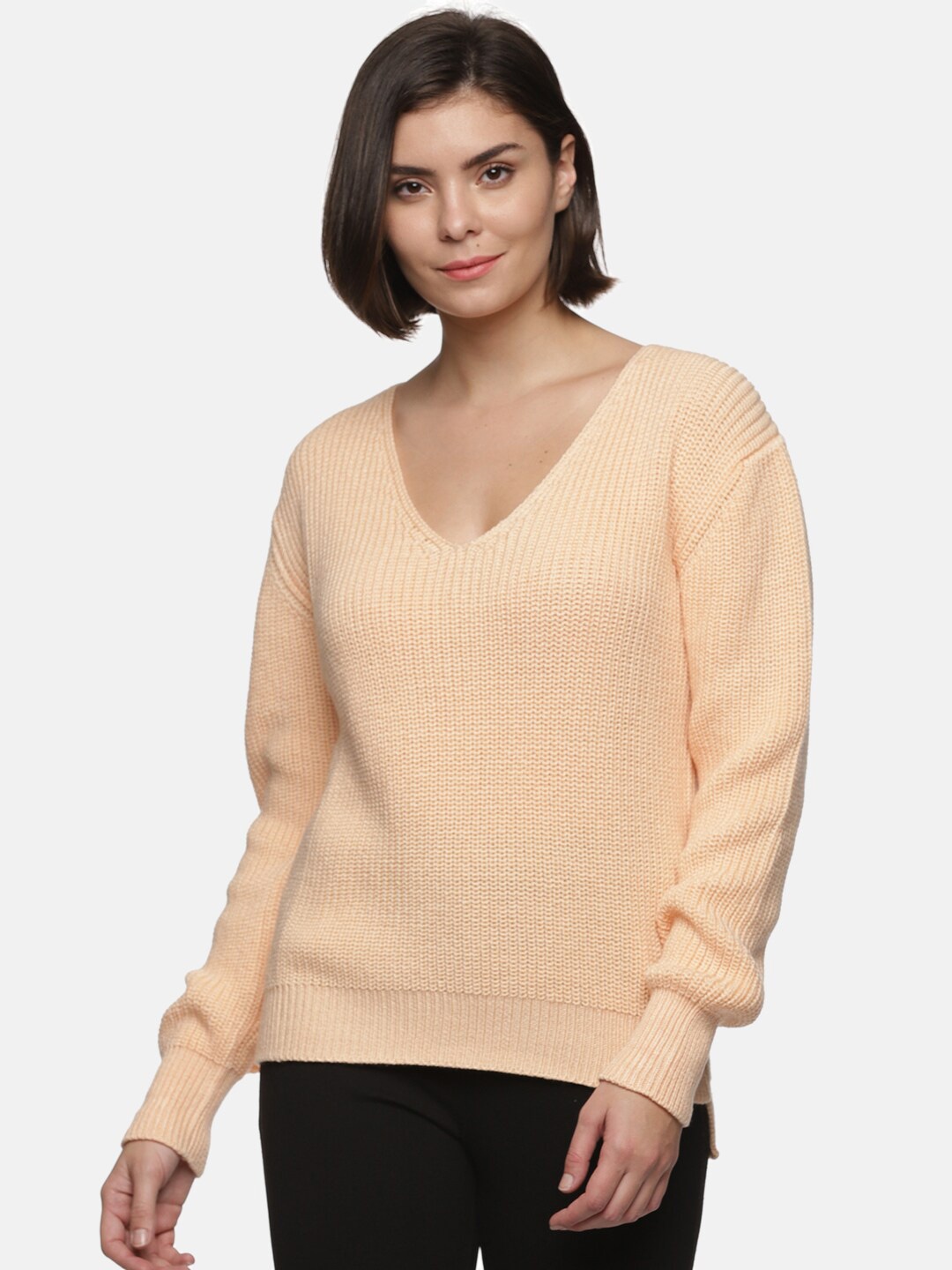 

HERE&NOW Women Ribbed Cotton Pullover, Orange
