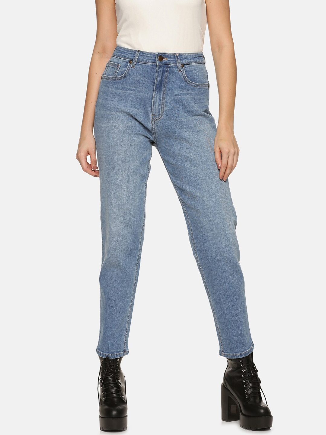 

HERE&NOW Women High-Rise Light Fade Cotton Jeans, Blue