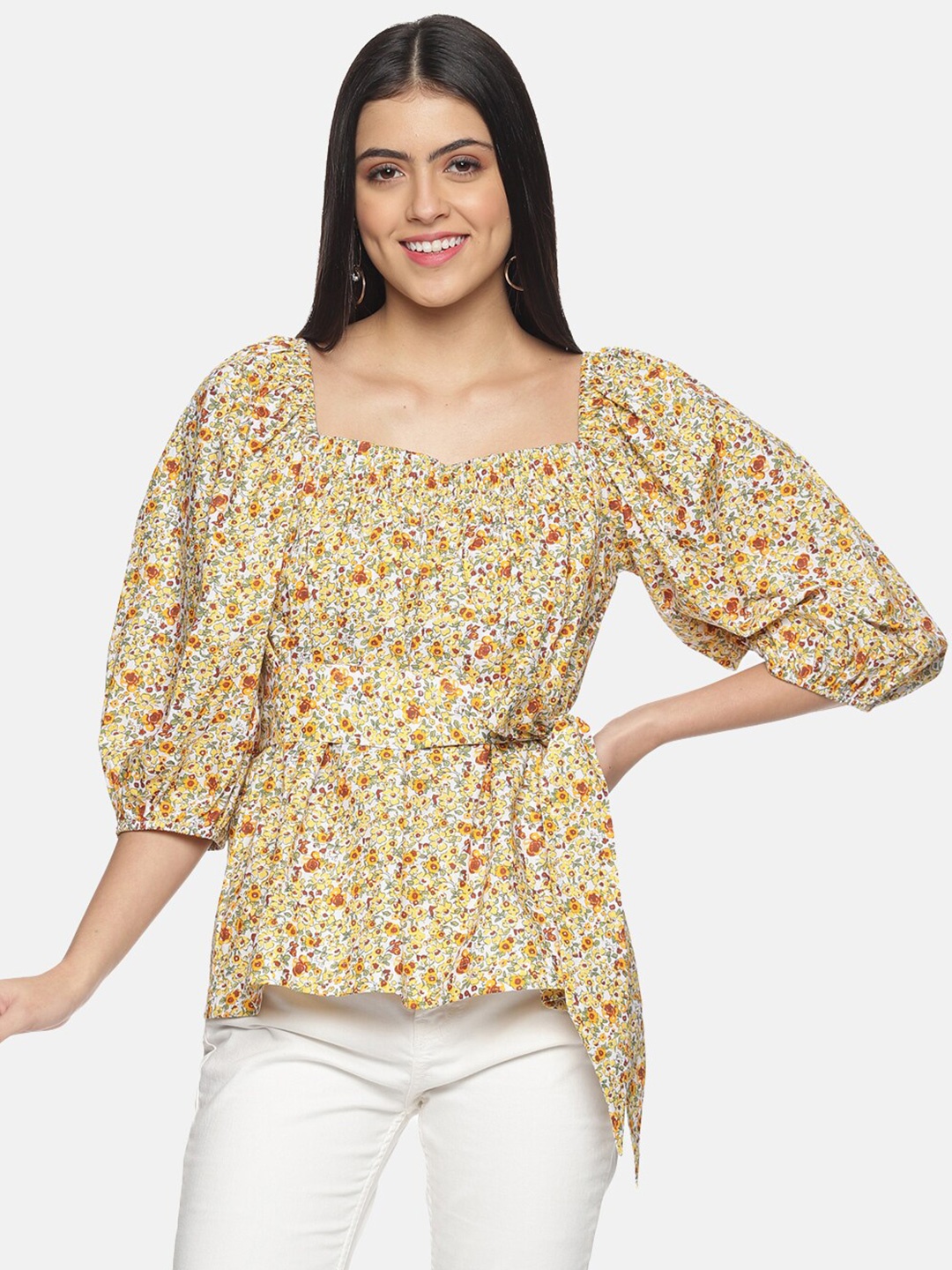 

HERE&NOW Floral Print Pure Cotton Cinched Waist Top, Beige