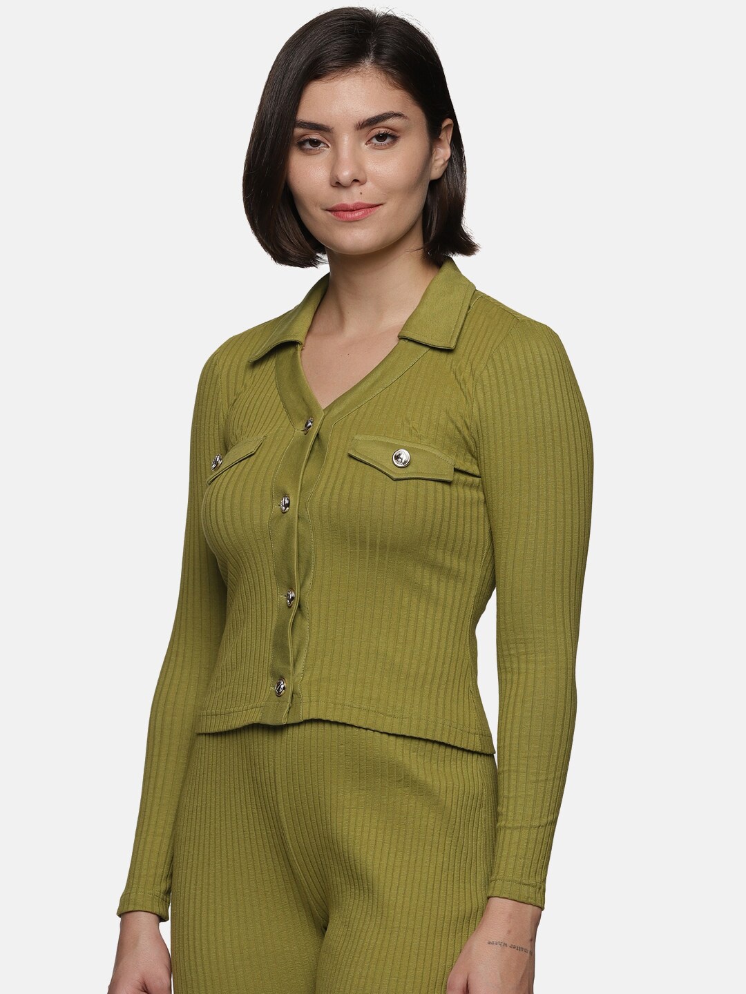 

HERE&NOW Striped Shirt Style Pure Cotton Top, Olive