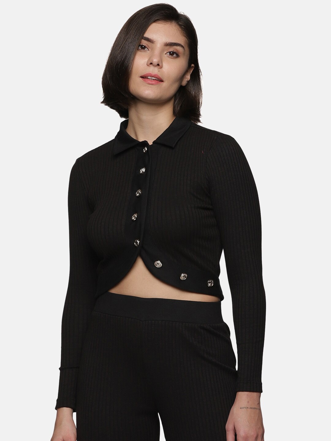 

HERE&NOW Shirt Style Ribbed Cotton Crop Top, Black