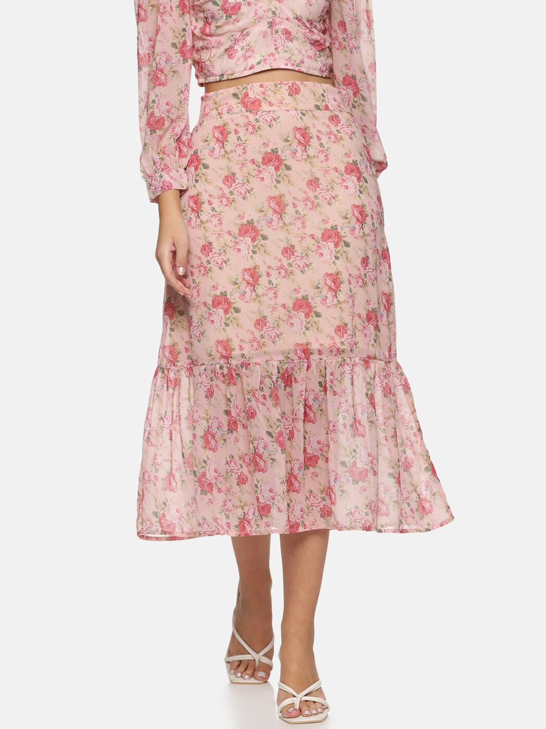 

HERE&NOW Women Floral Print Midi Ruffle A-Line Skirts, Peach