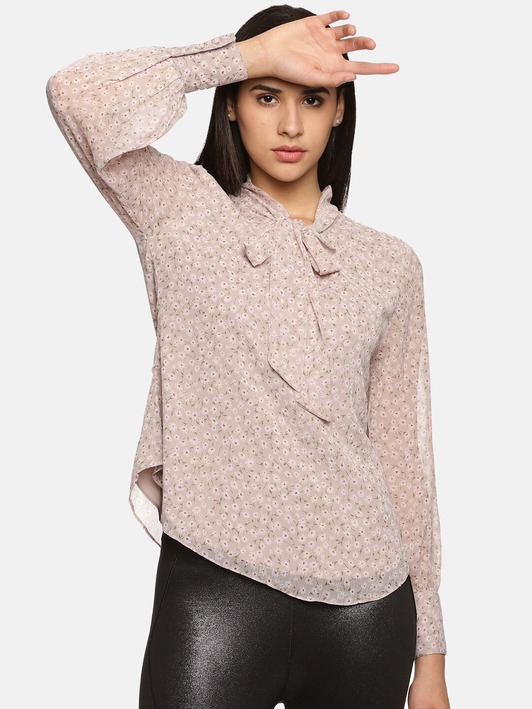 

HERE&NOW Floral Print Tie-Up Neck Cotton Top, Grey