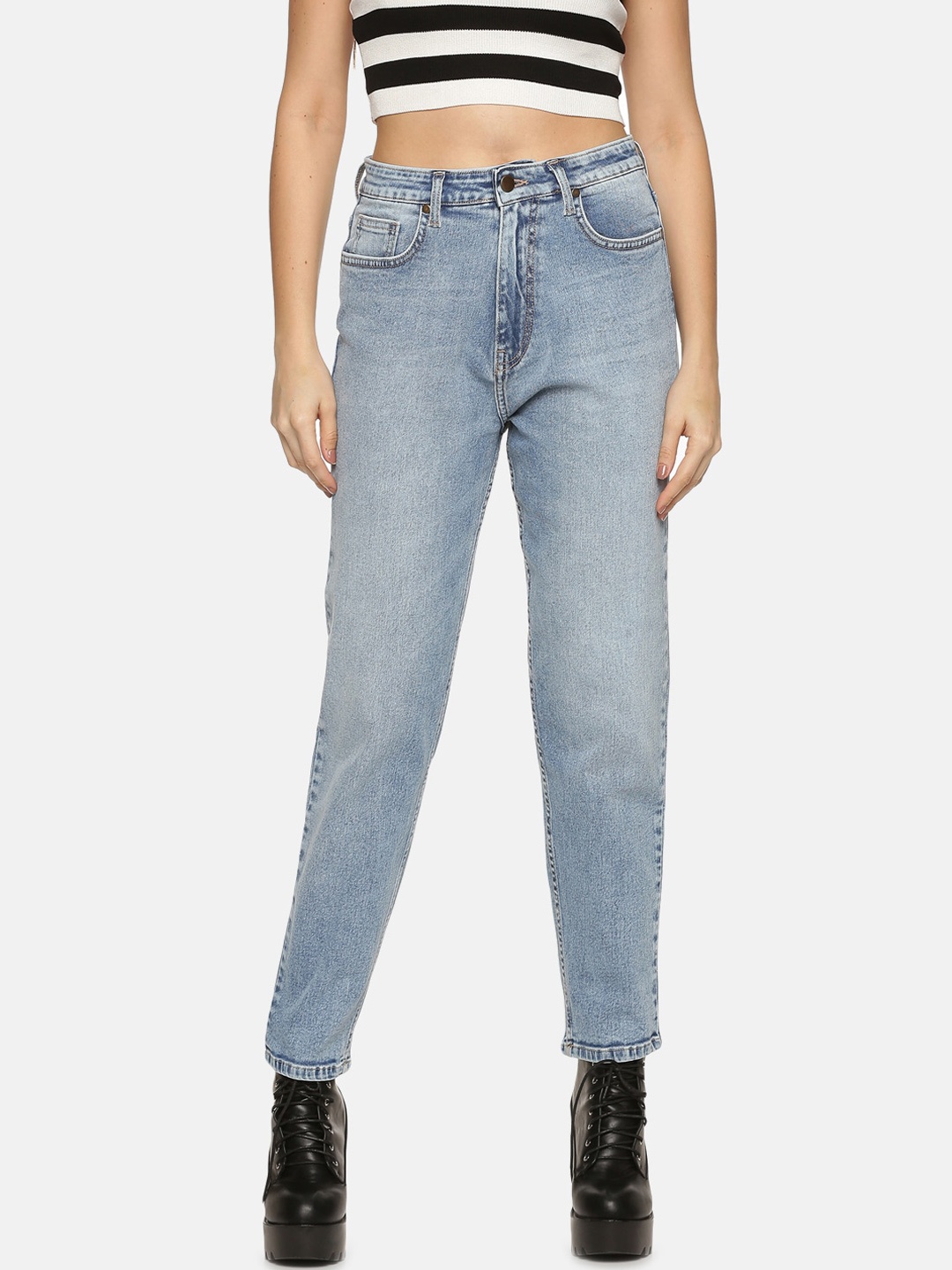 

HERE&NOW Women High-Rise Heavy Fade Cotton Jeans, Blue