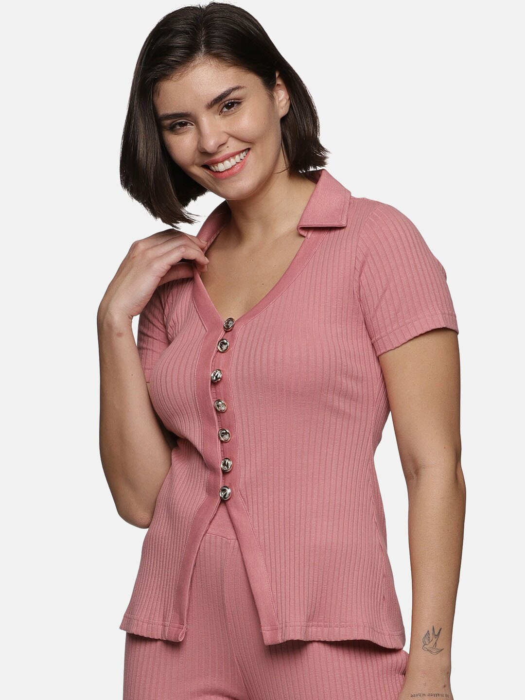 

HERE&NOW Woman Button Down Rib Top, Mauve