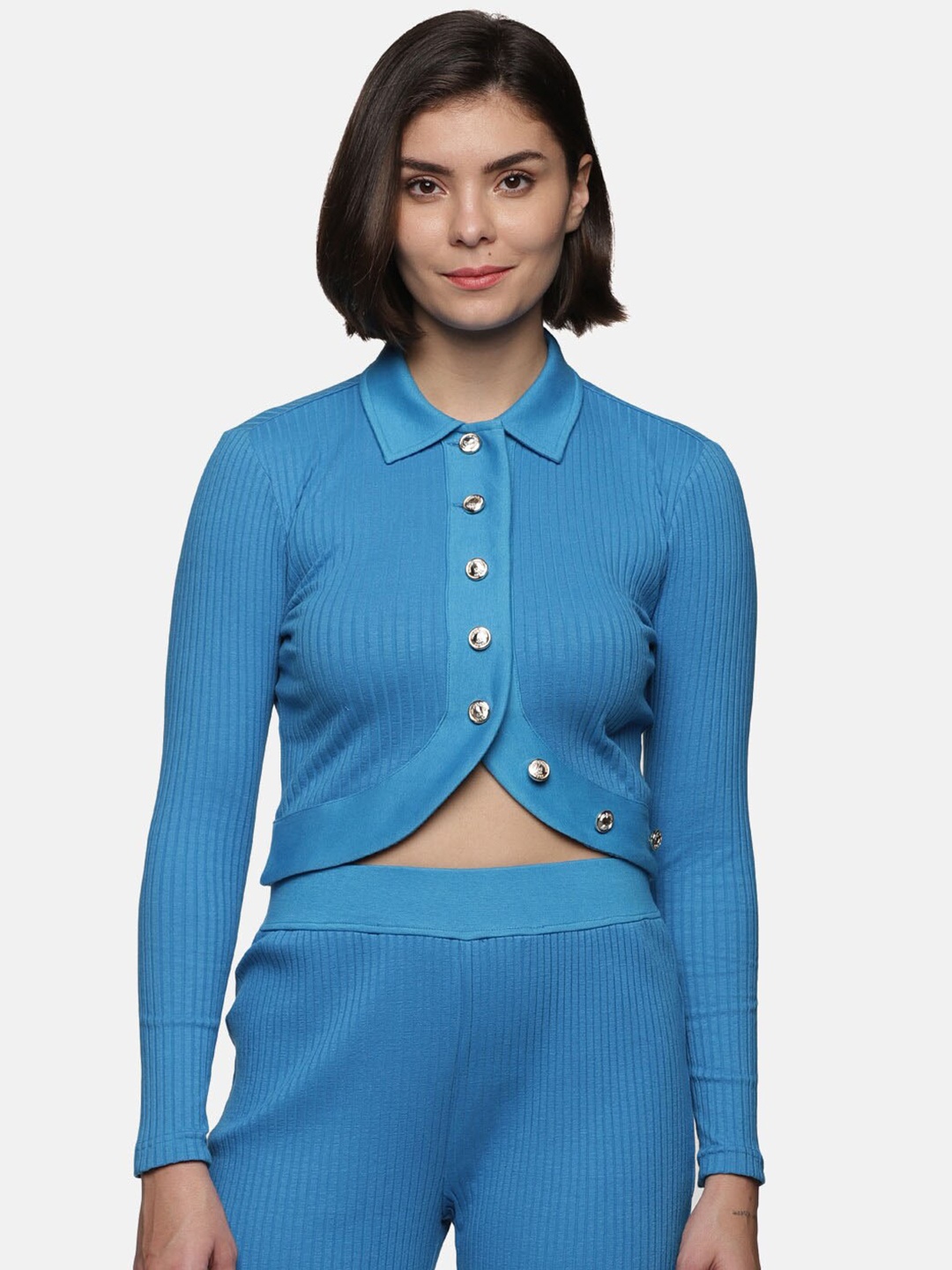 

HERE&NOW Cotton Shirt Style Crop Top, Blue